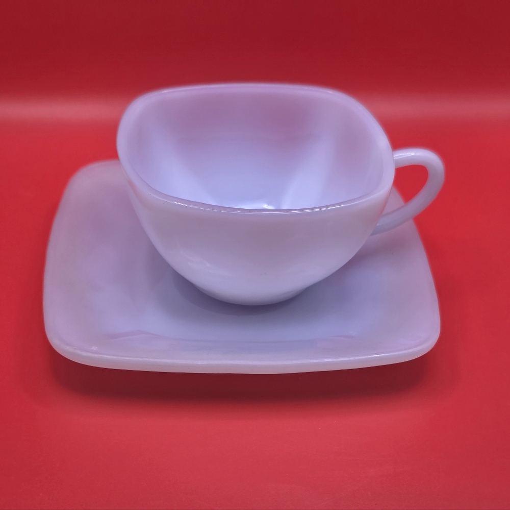 Elegant White Teacup and Saucer SetVintage Fire King Delphite Blue Azurite Charm